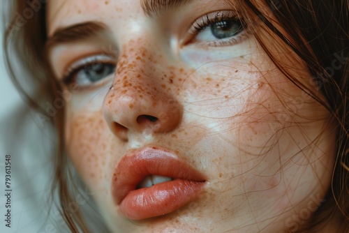 Close-up of a person with freckles and a focus on natural beauty.
