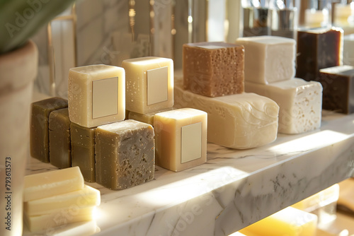 Artisanal soaps arranged on a marble countertop, with a warm light.