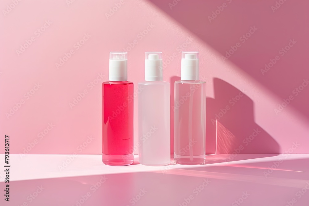 Three skincare bottles on a pink background with shadows. Three skincare bottles on a pink background with shadows.
