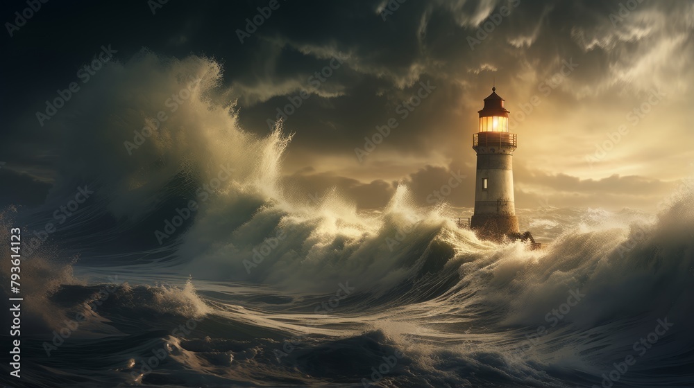 A luminous lighthouse guiding ships in a storm