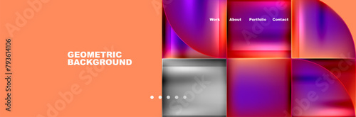 A vibrant geometric background featuring squares and circles in shades of magenta, violet, and electric blue on an orange backdrop