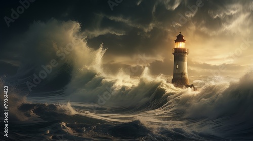 A luminous lighthouse guiding ships in a storm