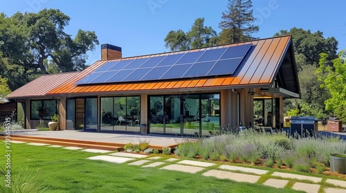 Solar panels on a house with rainwater collection systems, showcasing holistic sustainability. 