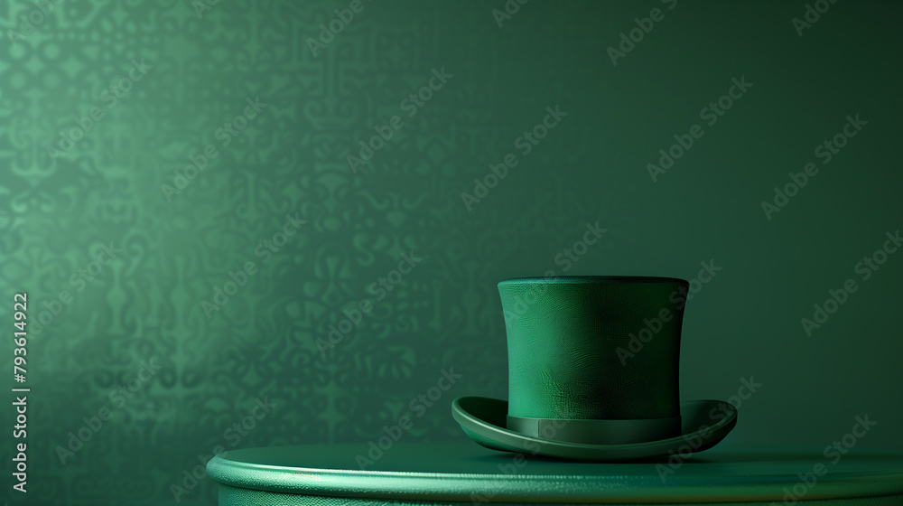 A green hat sits on a table. The hat is green and has a black band A green hat sits on a table. The hat is green and has a black band