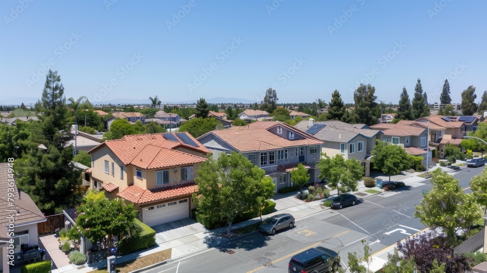 A panoramic shot of a neighborhood with several houses featuring solar panels. A panoramic shot of a neighborhood with several houses featuring solar panels.