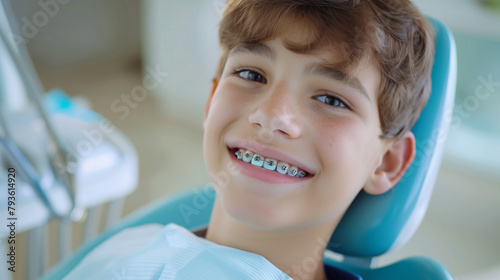 A photo portrait of smiling teenager boy in dental braces  sitting in dentist   s chair  orthodontist visit  beautiful teeth in brace system  young boy with blue dentist napkin