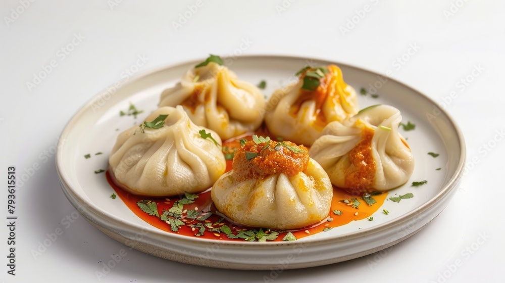 Khinkali topped with spicy adjika sauce on a plate against a white backdrop