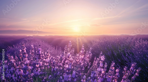 Vast lavender fields bloom in the pastel rays of the rising sun  the gentle warmth of a summer morning