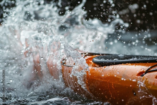 Shot of close-up of water splashing around kayakers boat. Selective focus