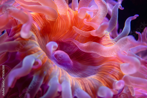 Detailed shot capturing the delicate tentacles of a colorful sea anemone underwater photo
