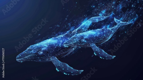 Whale floating and two holding, protecting hands from futuristic polygonal blue lines and glowing stars for banner, poster, greeting card. AI generated