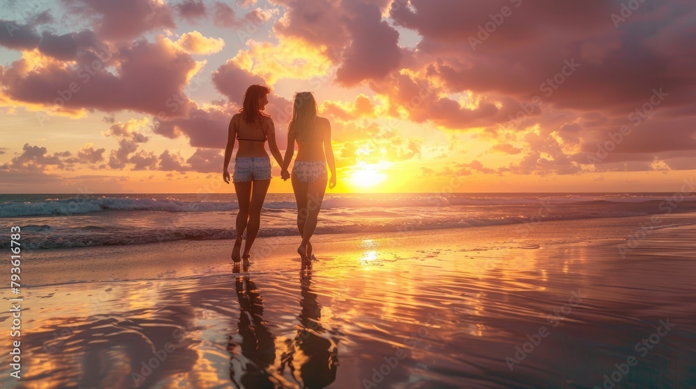 Two women in a loving relationship enjoying a sunset on the beach. 
