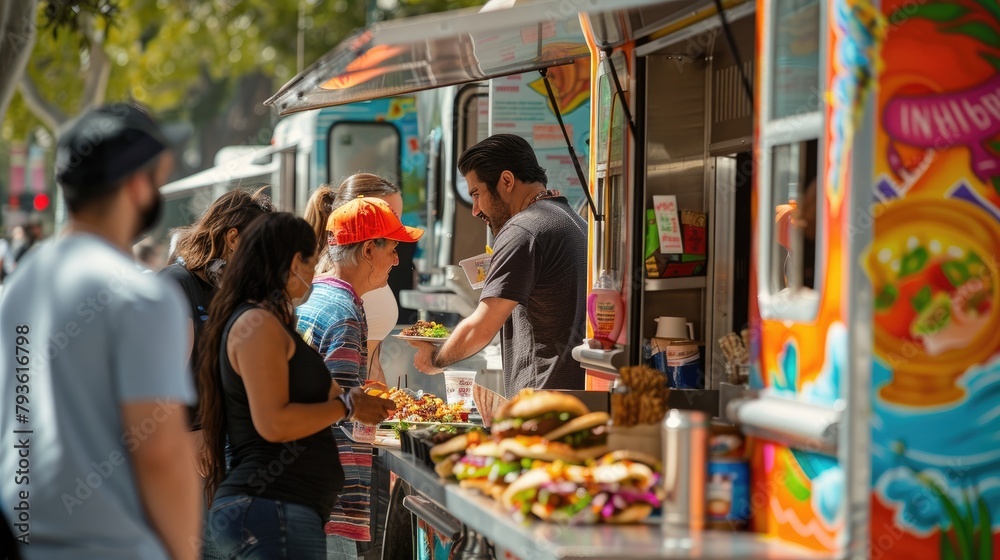 Obraz premium A candid moment of people enjoying Cinco de Mayo street food from food trucks.