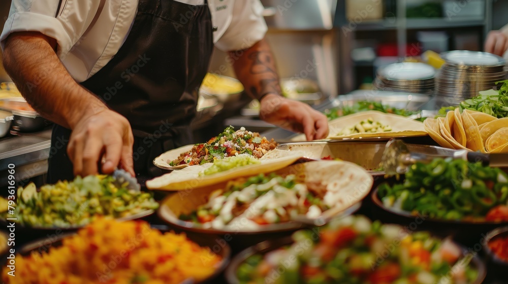 An action shot of a chef preparing authentic Mexican dishes for a Cinco de Mayo feast. 