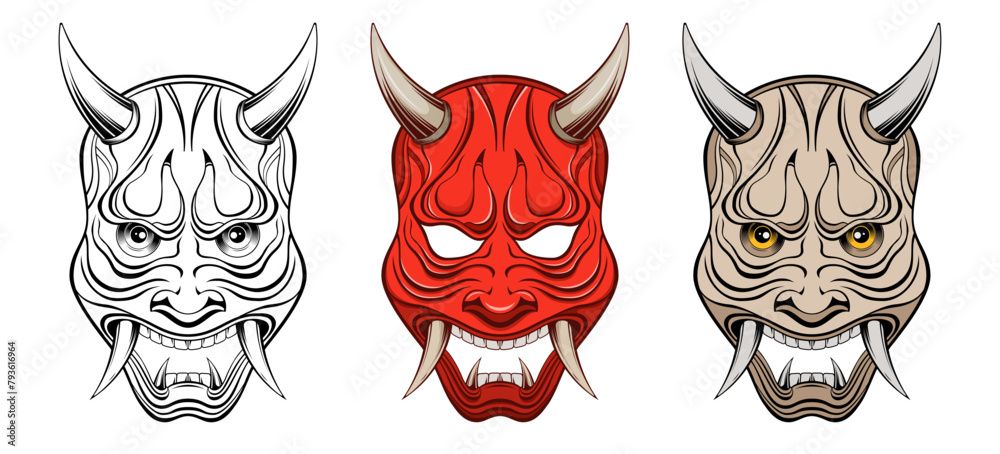 Fototapeta premium Set of Oni japanese devil masks, japan vector illustration, isolated on white background. T-shirt, tattoo, stickers or poster design. Color and monochrome vector illustration. Oni vector masks.