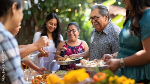 A side view of a family gathering for a Cinco de Mayo celebration  sharing laughter and food. 