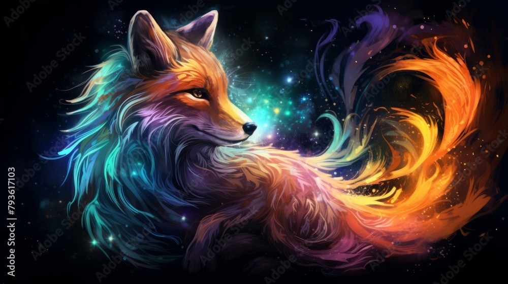 Vibrant fox painting on a striking black background