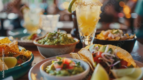 A close-up of traditional Mexican dishes like tacos, guacamole, and margaritas on a table. 