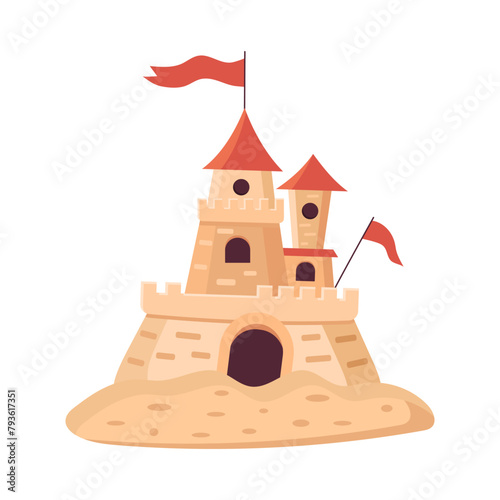 Sandcastle with red flags. Castle with tower made from yellow sand. Summer, seashore, vacation concept. Vector illustration isolated on white background.