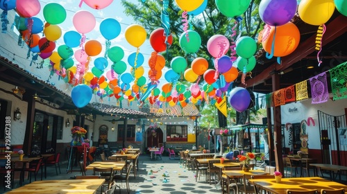 An outdoor scene of colorful balloons and banners decorating a Cinco de Mayo event venue.