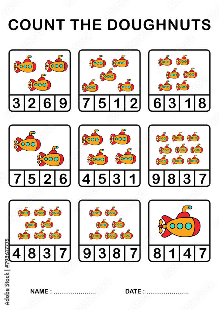 Printable worksheet Number count submarine for Kindergarten and Preschool, Printing size A4