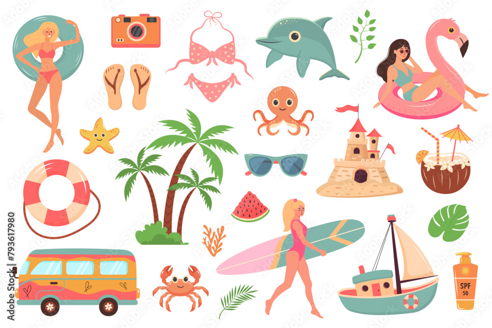 Fototapeta premium Summer beach travel set. Cute cartoon stickers collection. Summer holiday, beach rest, vacation concept.