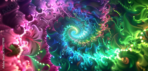 "Spectrum vortex in 3D, with neon swirls of green, blue, and pink." © Tabi