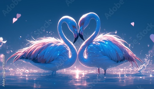 2 elegant flamingos standing in the water forming a love heart, reflection, beautiful nature, background, 4K wallpaper, geography, love, Valentine's Day.