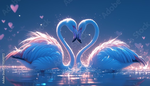 2 elegant flamingos standing in the water forming a love heart, reflection, beautiful nature, background, 4K wallpaper, geography, love, Valentine's Day.
