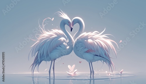 2 elegant flamingos standing in the water forming a love heart, reflection, beautiful nature, background, 4K wallpaper, geography, love, Valentine's Day.