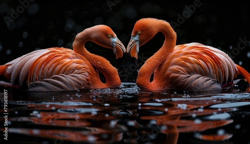 2 elegant flamingos standing in the water forming a love heart, reflection, beautiful nature, background, 4K wallpaper, geography, love, Valentine's Day.