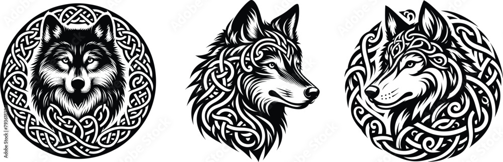 Set of Celtic wolf head, vector illustration. Set of Celtic wolf head, vector illustration.