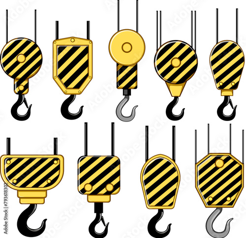 crane hook set cartoon. construction industrial, safety load, hoist rigging crane hook sign. isolated symbol vector illustration