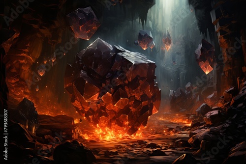 A dark cave with lava and floating rocks