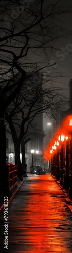 A dark and mysterious street with a red glow coming from the street lamps.