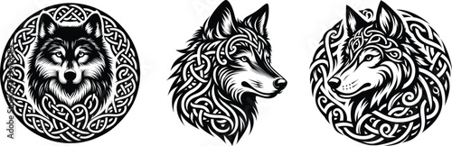  Set of Celtic wolf head, vector illustration.