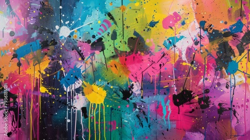 abstract painting features a vibrant blend of colors and dynamic textures. 