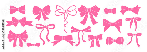 Set of various bow knots, tie ups, gift ribbons. Hand Bow knots, tie ups, gift ribbons. Gift bows, pink ribbons. Festive decoration, invitation elements, packaging for sale shopping, wedding, birthday