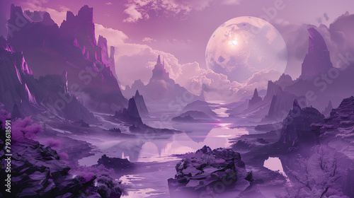 A purple landscape with a large moon in the sky. The sky is cloudy and the moon is shining brightly. The landscape is full of rocks and trees, creating a sense of mystery and wonder