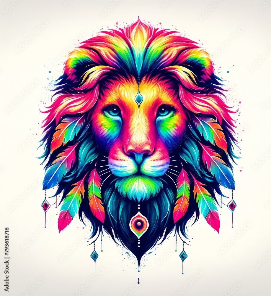 Neon watercolor-style lion portrait, adorned with vivid, decorative paint splashes.