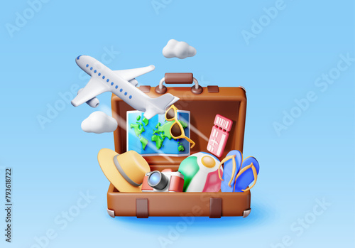 3d vintage travel bag with airline ticket, map and beach clothes. Render paper ticket with plane icon, suitcase and photo camera. Travel, holiday or vacation and transportation. Vector illustration