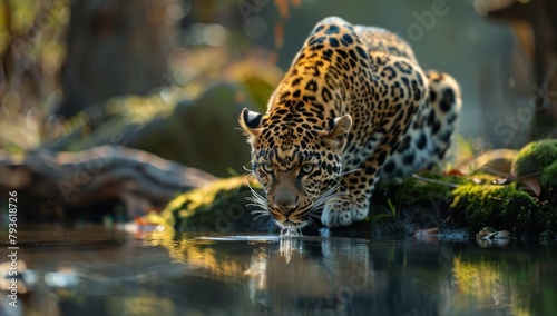 Beautiful leopard in nature, A leopard is drinking water by the river, With Beautiful blur Background Nature © inthasone