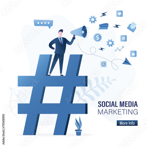 Social media marketing, online digital advertising campaign. Giant hashtag for followers, social strategy. Marketer advertising announce,