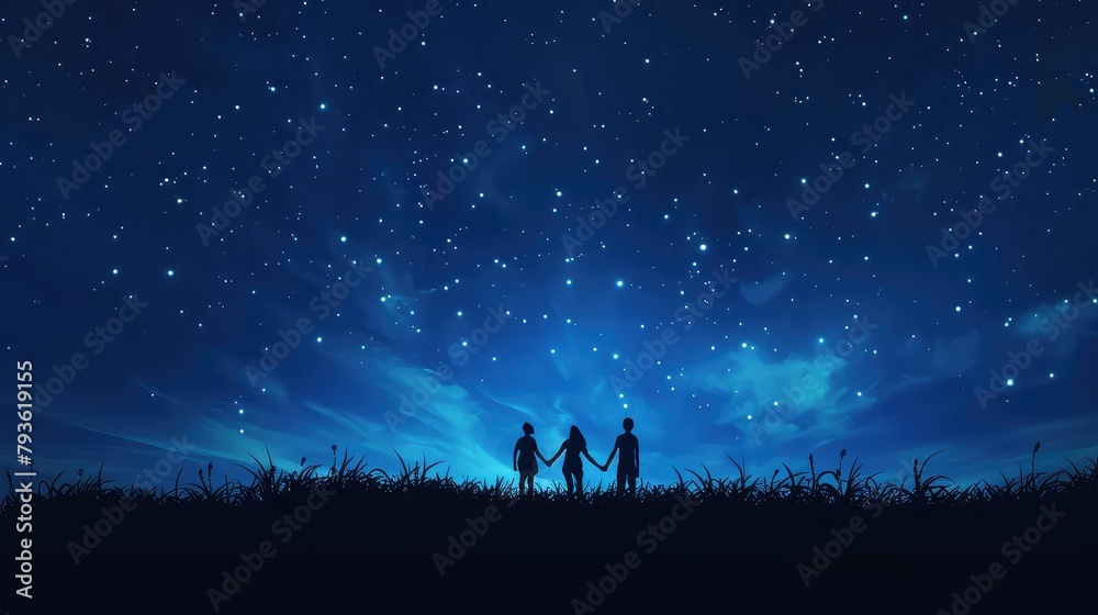 A minimalist wallpaper with silhouettes of friends holding hands under a starry sky.