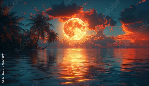 Stunning full moon sets over the tranquil Indian Ocean, 4k wallpaper, casting an ethereal glow over the palm trees and reflecting in the crystal clear waters of Kandy Beach. Moonlit Serenity