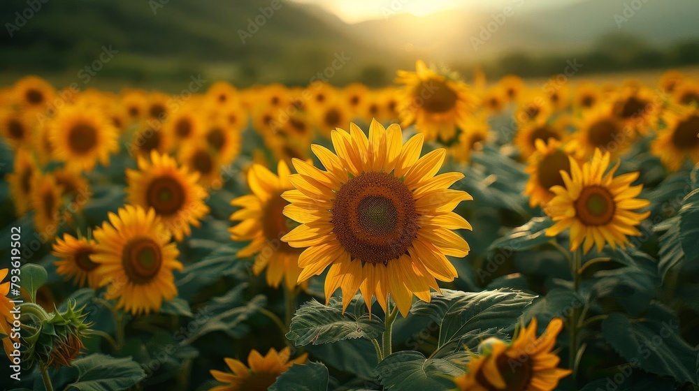 A field of sunflowers, with one sunflower in the foreground.