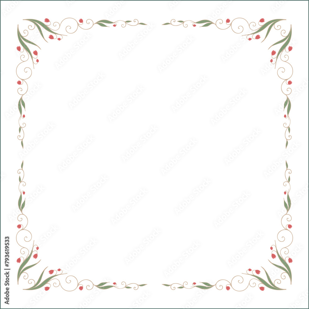 Green floral frame with red flowers, decorative corners for greeting cards, banners, business cards, invitations, menus. Isolated vector illustration.	