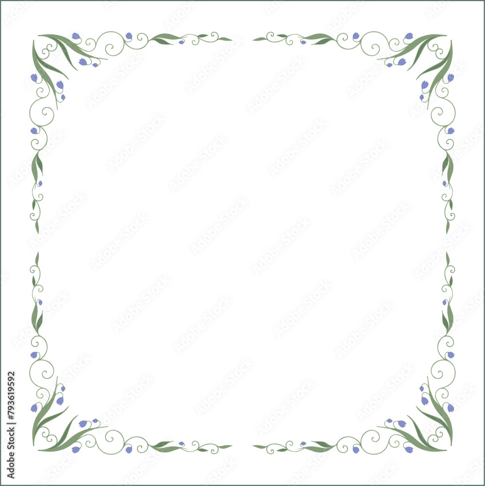 Green floral frame with blue flowers, bluebells decorative corners for greeting cards, banners, business cards, invitations, menus. Isolated vector illustration. Green floral frame with blue flowers, bluebells decorative corners for greeting cards, banners, business cards, invitations, menus. Isolated vector illustration.