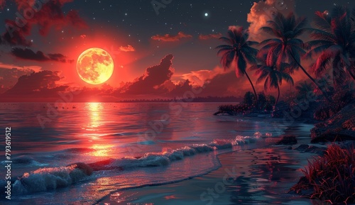 Stunning full moon sets over the tranquil Indian Ocean  4k wallpaper  casting an ethereal glow over the palm trees and reflecting in the crystal clear waters of Kandy Beach. Moonlit Serenity