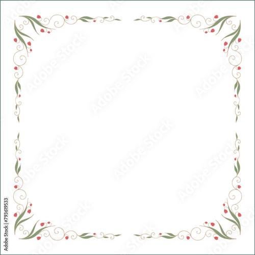 Green floral frame with red flowers, decorative corners for greeting cards, banners, business cards, invitations, menus. Isolated vector illustration.	